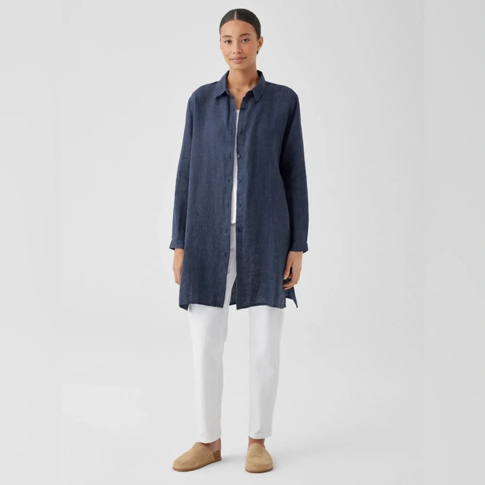 Eileen Fisher Washed Organic Linen Délavé Dusk Blue Button Down Long Shirt XXS